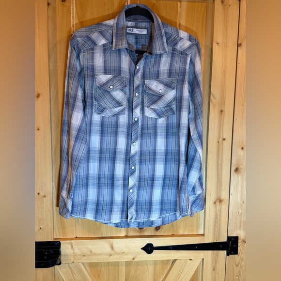 BKE Blue Gray Plaid Western Pearl Snap Standard Fit Long Sleeve Shirt Small - Picture 4 of 12